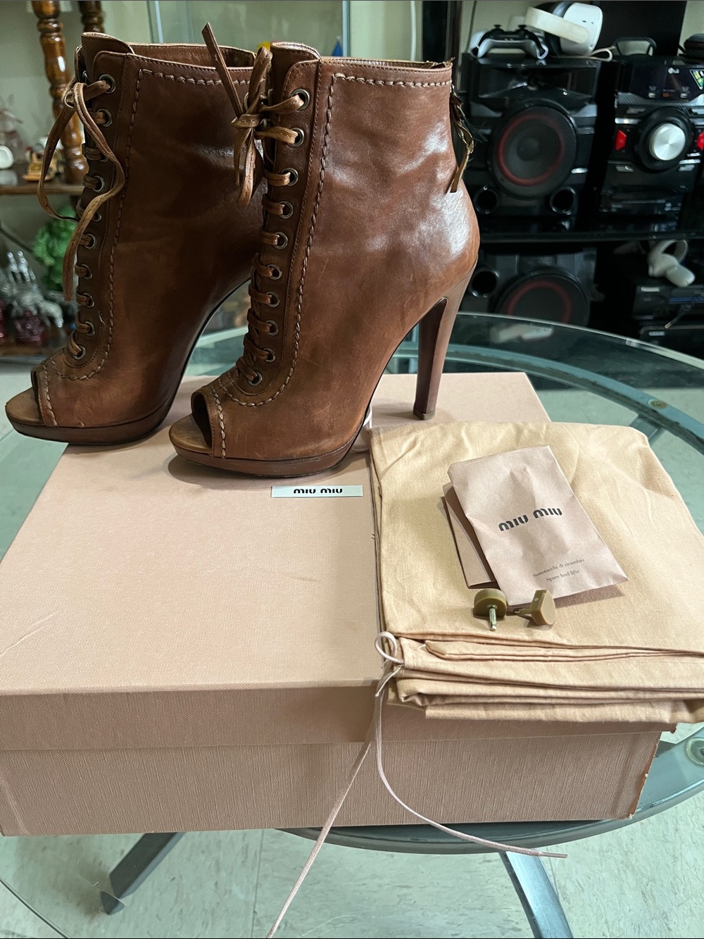 Vintage Miu Miu Cognac Brown Leather Lace-Up Peep-Toe Ankle Boots
